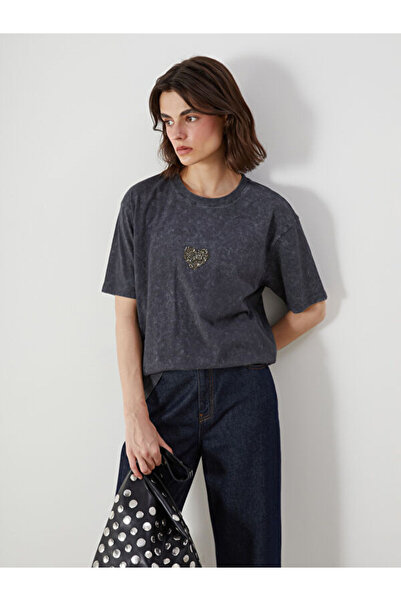 LC Waikiki Heart Embroidered Oversize Women's Ribbed T-Shirt
