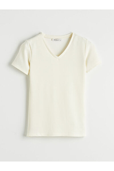 LC Waikiki تي شيرت نسائي ناعم الملمس برقبة على شكل حرف V