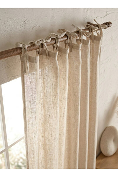 modakesim Krem Keten Fon Perde Bağcıklı Rustik Tasarım Dekoratif Perde