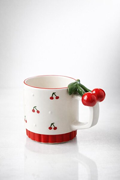 HİS Studio 3D Kiraz Kulplu Kiraz Desenli El Yapımı Seramik Kupa | Çay & Kahve...