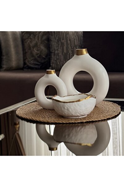 MYELFA Dekoratif Modern Tasarım 2'Li Halka Vazo Ve Mum Kase Set Gold Beyaz