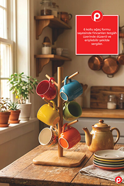 Pazarika Bambu 6'lı Fincan Askısı Kupa Standı - Mutfak Tezgah Üstü Ahşap Kupa...