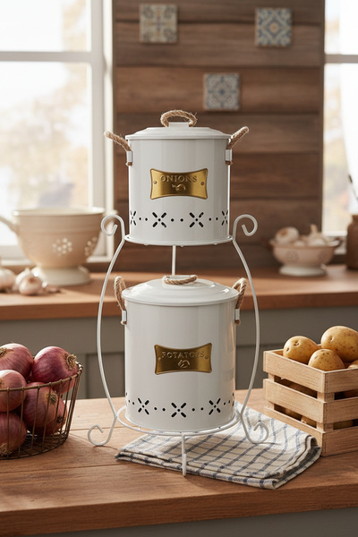 Feronyahome & Garden 2 Katlı Metal Standlı Patates Soğan Kovası Seti