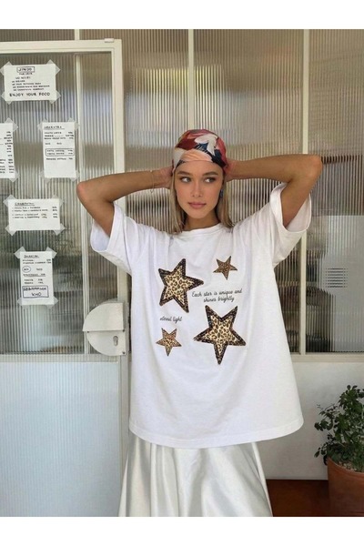 ibeeka Oversized Stars and Slogans Text Printed T-Shirt