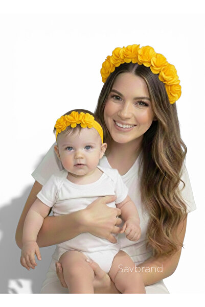 SavBrand Yellow Floral Mother's Crown and Baby Bandana