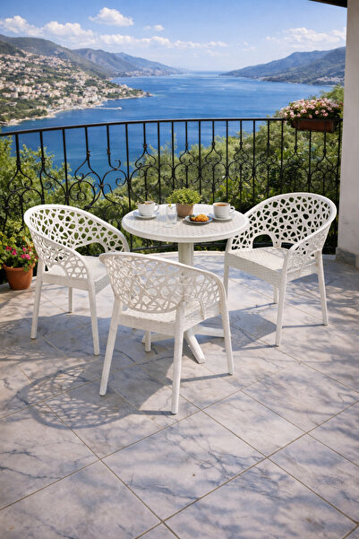 ZİYNET HOME Balkon Masa Sandalye Seti 2+1 Bahçe Teras Takımı Beyaz Çay Seti 3...