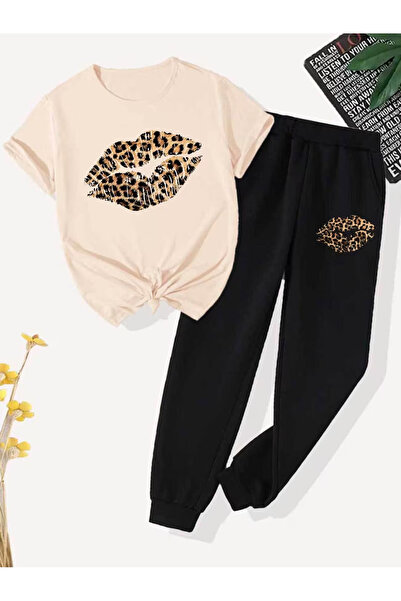 Rayan & Hoor Style Printed Sweatpants and T-shirt Top and Bottom Tracksuit Set