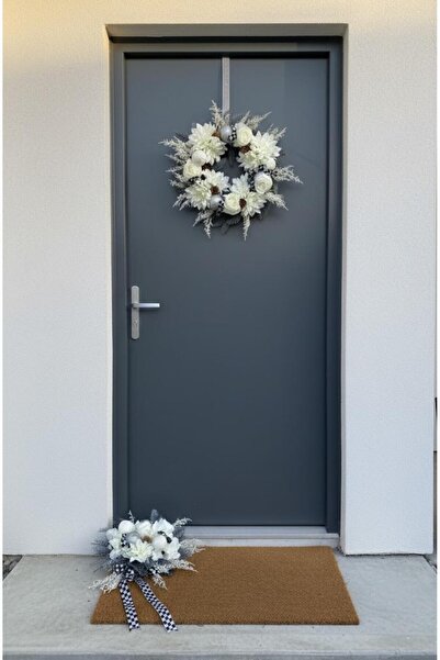 TASARIMHMODA Kapı Önü Paspas ve Çelenk Seti Beyaz Gümüş