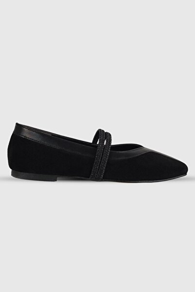 Modezya Black Suede double elastic detail blunt nose women's Ballet Flats