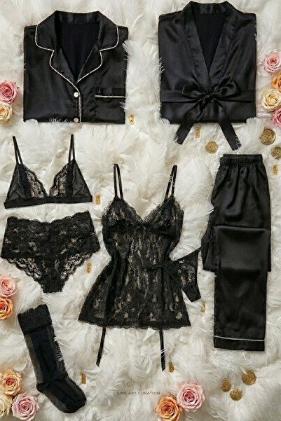 ZENCHES Kadın Siyah 8 Parça Kutulu Çeyizlik Takım Jartiyerli Babydoll Takım,P...