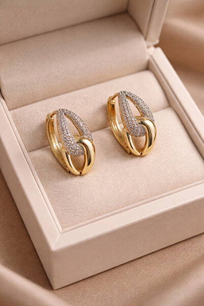 staınless steel Işıltı Serisi Gold Taşlı Çelik Küpe