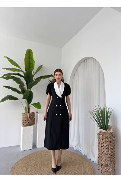 ETİKAFASHION Black Midi Length dress adorned with elegant button details and ...