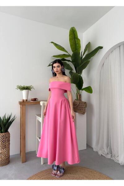 ETİKAFASHION Soft, Midi Length dress with pleated details at the waist, off-t...