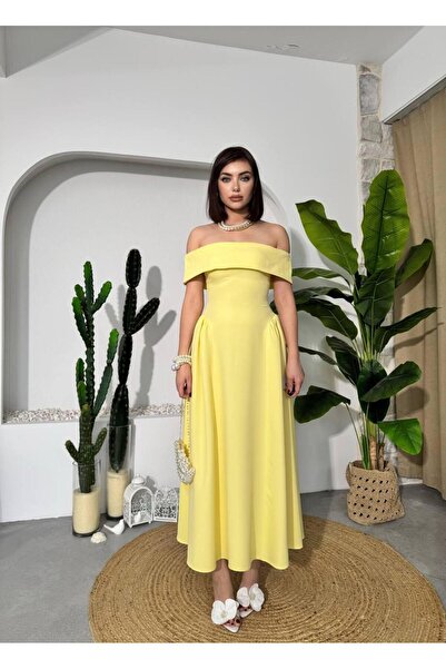 ETİKAFASHION Soft, Midi Length dress with pleated details at the waist, off-t...