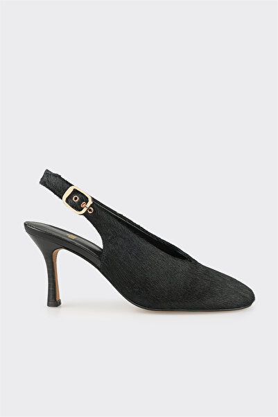 Elle Shoes Siyah Hayvan Desenli Deri Kadın Topuklu Ayakkabı