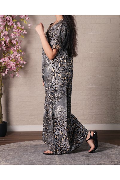 hendam Long house dress (jalabiya) made of 100% viscose with a multi-colored leopard print and chest embroidery.