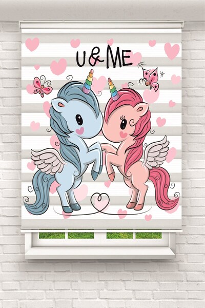 U&ME Unicorn ve Kalp Desenli Zebra Perde - YZN-1111