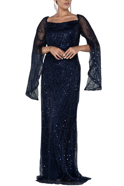 Arden Uzun Abiye Elbise, Siyah, Lacivert Payetli Kare Yaka Uzun Kol Düğün, Ni...