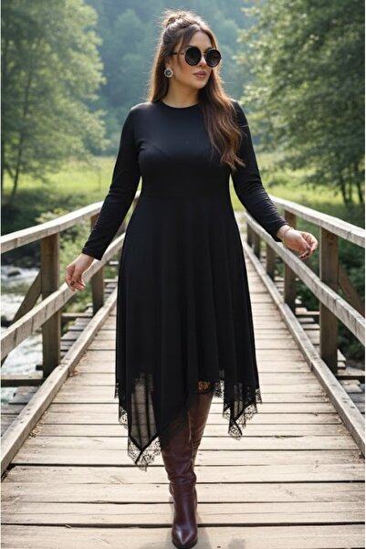 FOR ESRA BIG TREND Women's Black Plus Size Asymmetrical Cut Bottom Lace Detai...