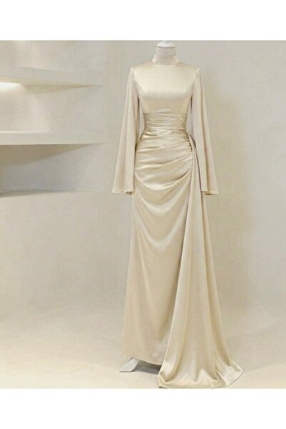 modasusev Aura Özel Tasarım Drapeli Kuyruklu Tesettür Abiye Elbise