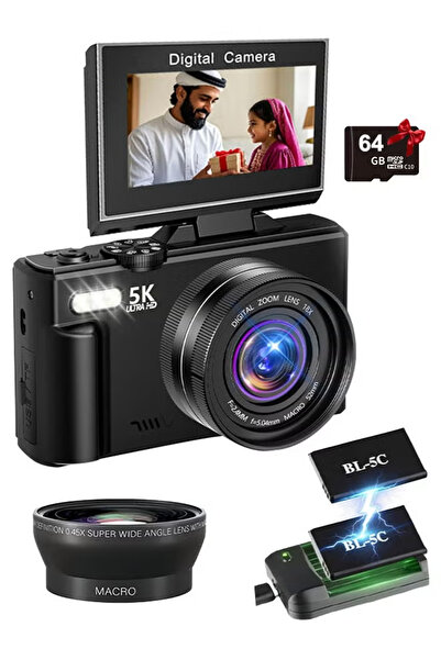 ZONBON كاميرا رقمية بدقة 5K، بطاريتان مع بطاقة ذاكرة TF سعة 64 جيجابايت، كامي...