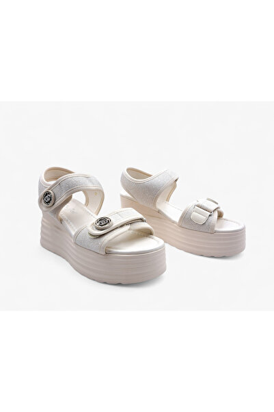 Guja Wedge Sole Velcro Glittery Fabric Beige Women's Stylish and Comfortable ...