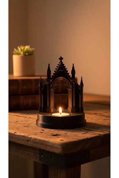DOSSUESTUDİO Gotik Katedral Tasarımlı Dekoratif Mumluk – 3D Baskı Siyah Teali...