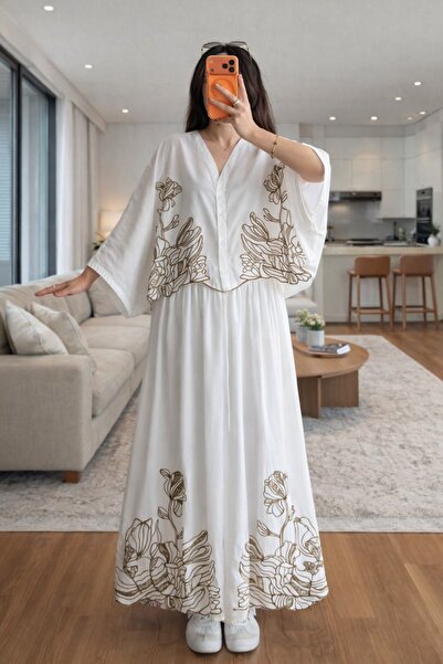 Lavanta Tekstil Set cămașă și fustă albă cu design detaliat brodat