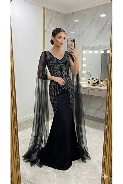 Mesk dresses Royal black evening dress with hand-embroidered crystals