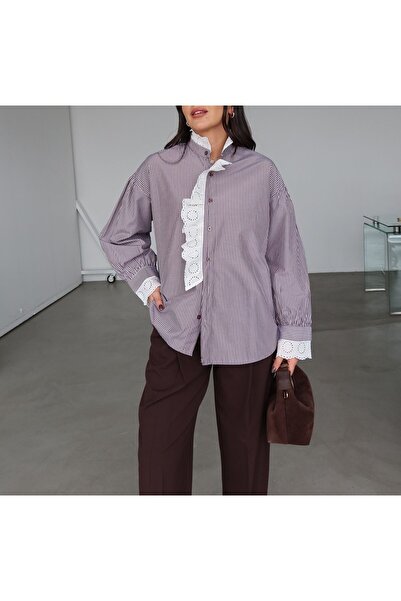 Lavanta Tekstil Striped Guipure Lace Detailed Shirt