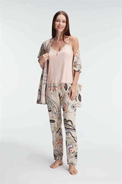 Findit Corded Strap V-Neck Viscose Floral Patterned Summer Lace Detailed Paja...