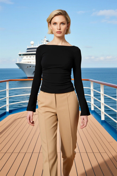 BENERLY Дамска прилепнала блуза с лодка деколте, дълги испански ръкави, плете...