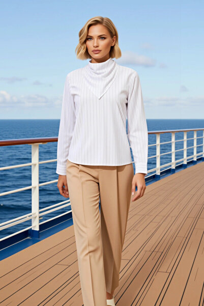 BENERLY Γυναικεία Μπλούζα Γιακάς σάλι Μακρυμάνικη Ριγέ Υφαντό Υφασμάτινη Κανο...