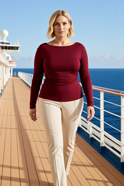 BENERLY Women's Plus Size Blouse Boat Neck Long Sleeve Knitted Fabric Fitted ...