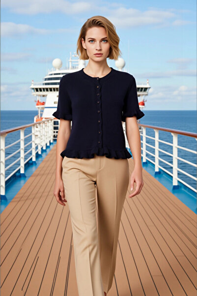 BENERLY Bluză de damă Tricotaj guler rotund cu încrețituri Volane Mânecă scur...