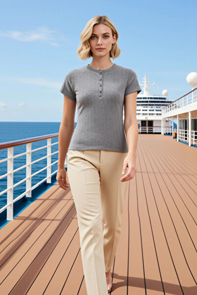 BENERLY Women's Blouse Fitted Crew Neck Short Sleeve Knitted Plain Melange Ha...