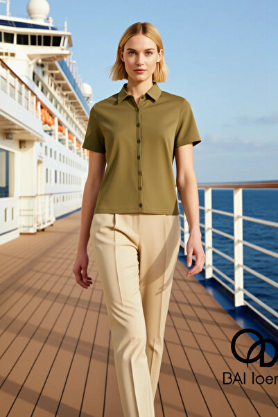 BENERLY Bluză de damă crop cu guler polo, mânecă scurtă, cu nasturi, ajustată...