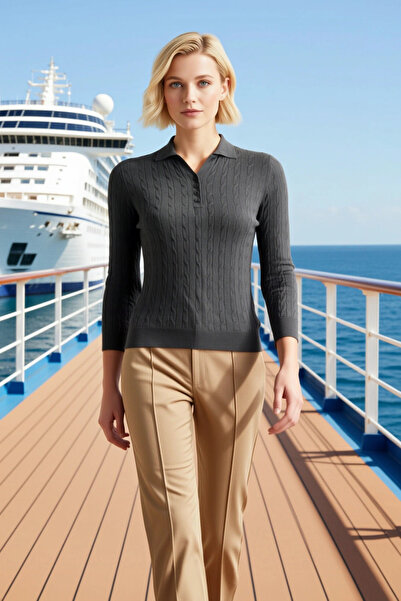 BENERLY Women's Blouse Knitwear Polo Collar Hair Braided Long Sleeve Slim Reg...