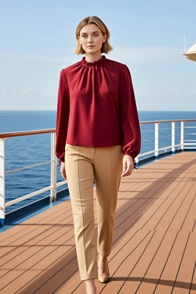 BENERLY Bluză de damă guler ridicat cu mâneci bufante din material tip stofă ...