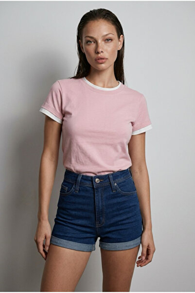Madmext Powder Crew Neck Two-Tone Basic T-Shirt Mg2682