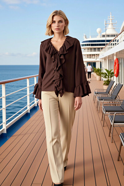 BENERLY Γυναικεία μπλούζα με λαιμόκοψη V Λεπτομέρεια με βολάν με μακριά μανίκ...