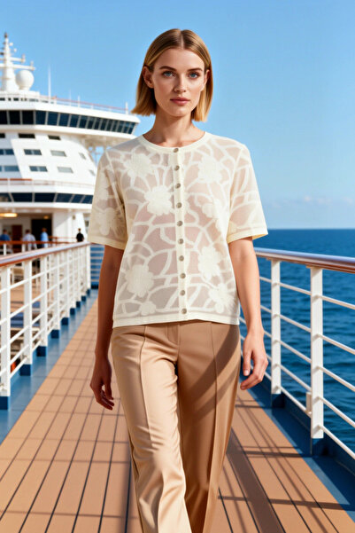 BENERLY Women's Blouse Knitwear Crew Neck Short Sleeve Fitted Fit Floral Patt...