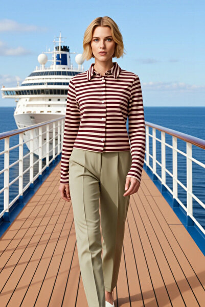 BENERLY Women's Blouse Fitted Cut Polo Collar Long Sleeve Striped Brioche Kni...