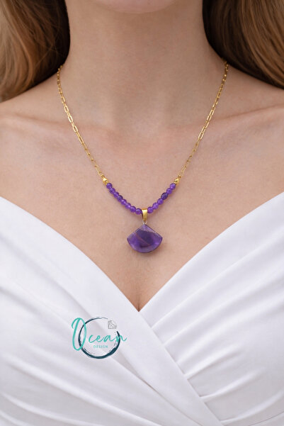 OceanDesign El Yapımı Ametist Taşlı Kadın Kolye 45 Cm Paslanmaz Çelik Zincirl...