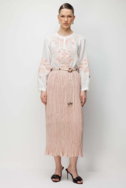 Ekol Ornamental Belted Cotton Maxi Skirt