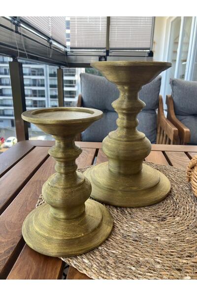 Bumya3duretim Büyük Boy Eskitme Gold 2'li Şamdan Set Çok Şık Tasarım