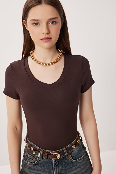 Lovelyİstanbul V-izrez Osnovni Pleteno T-shirt LDZ0069 SMEĐA