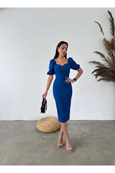 Modafeminen Sweetheart Neckline Back Slit Balloon Sleeve Dress Cobalt 582866