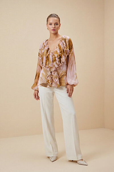 Setre Pembe Desenli Rahat Kesim Bluz