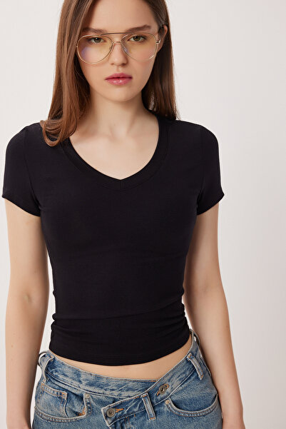 Lovelyİstanbul V-izrez Osnovni Pleteno T-shirt LDZ0069 CRNI